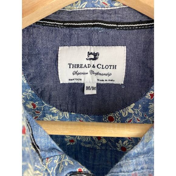 Thread & Cloth Men's M Blue White Red Floral Short Sleeve Button Up Shirt - Picture 7 of 7